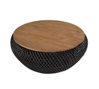 MACABANE SIXTINE - Table basse ronde diam65 plateau bois teck recyclé rotin noir