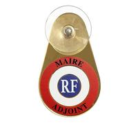 Macaron officiel Maire Adjoint - Cocarde tricolore de pare-brise avec ventouse - Insigne républicain sur support acrylique miroir or