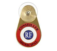 Macaron pare-brise Conseiller municipal avec ventouse 75 x 125 mm cocarde tricolore en verre acrylique miroir or