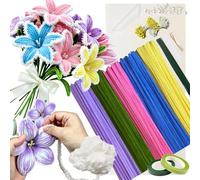 Macaron Pipe Cleaner Flower Set, 300 pièces Nettoyant pour pipe, 1 laine, 50 perles, 100 étamines, 15 fils de fleurs, 2 rubans adhésifs, 2 papiers