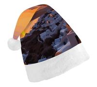 maccbn Chapeau de Père Noël extensible avec motif île de Grèce et coucher de soleil - Accessoire de fête festif pour chant, Nouvel An, cosplay