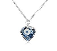 maccbn Collier urne florale bleue et blanche pour cendres - Pendentif commémoratif imperméable en forme de cœur avec kit de remplissage - Chaîne réglable de 70,1 cm - Bijoux souvenir pour chien et