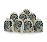 maccbn Lot de 8 sacs vides réutilisables en mousseline de coton naturel avec cordon de serrage - Motif ange avec ailes bleues - Pour thé, bijoux, cadeaux de fête de mariage, cadeaux de vacances, 12,7
