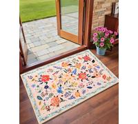 Macgace Petit Tapis Floral pour entrée, Tapis de Porte d'entrée d'intérieur antidérapant Lavable en Machine pour Cuisine, Tapis d'entrée décoré de Style Cottage Doux, Blanc crème (61 x 91 cm)
