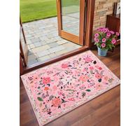 Macgace Petit tapis floral pour entrée, tapis de porte d'entrée d'intérieur antidérapant lavable en machine pour cuisine, tapis d'entrée décoré de style cottage doux, rose (61 x 91 cm)