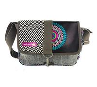 Macha Sac en coton et plaquettes en cuir avec des empreintes colorées, sacs à bandoulière à main pour femmes style ethnique indiennes (Gris)
