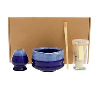 Macha Tea - Lot de 4 balais à thé - 580 ml - Avec mousseur - Cuillère à café - Bol à thé - Support de mélange - Cadeau pour les amateurs de matcha (bleu)