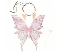 Machify Ailes de fée roses pour adulte, accessoire Halloween avec ailes d’ange roses, serre-tête liane, oreilles d’elfe, baguette étoile, 31,5 x 29,5 in / 80 x 75 cm pour cosplay et fête papillon