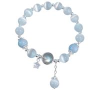 Machify Bracelet en pierre de lune avec breloque étoile, accents argentés, pierres œil de chat, longueur 5,9 pouces, perles de 0,3 pouce, accessoire poétique au style rêveur pour le jour et la nuit