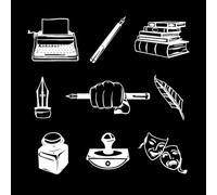 Machine à écrire, écrivain, journaliste, livres, masques de théâtre Stickers muraux 36x36.3cm Fourni avec un kit de film de transfert Blanc