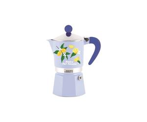 Machine à espresso Bialetti Rainbow Celeste 3 tasses Moka plaque compatibilités gaz électrique vitroceramique Bleu clair motif citron