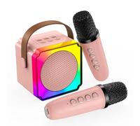 Machine à Karaoké avec 2 Microphone sans Fil pour Enfants par MMOBIEL - Enceinte Bluetooth Portable, 2 Microphone, Effets de Voix, Lumière LED - Micro Karaoke, Cadeau Fille, Garcon, Enfants 3+, Rose