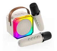Machine à Karaoké avec 2 Microphone sans Fil pour Enfants par MMOBIEL - Enceinte Bluetooth Portable, 2 Microphone, Effets de Voix, Lumière LED - Micro Karaoke, Cadeau Fille, Garcon, Enfants 3+, Beige