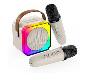 Machine à Karaoké avec 2 Microphone sans Fil pour Enfants par MMOBIEL - Enceinte Bluetooth Portable, 2 Microphone, Effets de Voix, Lumière LED - Micro Karaoke, Cadeau Fille, Garcon, Enfants 3+, Beige
