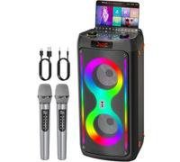 Machine à karaoké pour adultes, haut-parleur Bluetooth portable avec 2 microphones sans fil, système de sonorisation avec lumières disco pour grandes fêtes, extérieur, prend en charge USB/TF/REC/FM