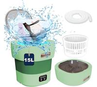 Machine à laver de camping, 15 l, portable, 2 en 1, avec essoreuse, nettoyage en profondeur des sous-vêtements, vêtements de bébé, pantalon court, chaussettes, mini machine à laver pliable (vert)