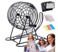 Machine à loterie de bingo - En métal PP - 21 x 21 x 20 cm - Jeu de balle de loterie Deluxe - Cage de bingo avec 75 balles, 125 disques et 18 cartes pour fêtes, événements et jeux