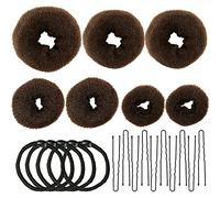 Machine à pain donut, machine à chignon 7 pièces marron, ensemble en forme d'anneau, avec 10 pinces en forme de U, 5 cordes à cheveux élastiques.