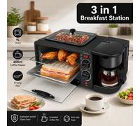 Machine à petit-déjeuner multifonctionnelle 220V, four de cuisson avec minuterie 30 min, cuisson par friture et préparation du café, cuisinière intégrée, porte en verre anti-explosion, poignée noir