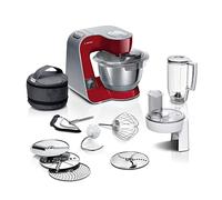 Machine de cuisine Bosch série 4 MUM5X720, balance intégrée, bol en acier inoxydable 3,9 L, mélangeur 1,25 L, crochet pétrisseur professionnel, agitateur planétaire, batteur, couteau continu, 1000 W, rouge foncé/argent