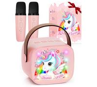 Machine de karaoké licorne avec 2 microphones Bluetooth pour enfants, cadeau licorne pour filles de 3 à 13 ans, microphone portable sans fil avec lumières LED, microphone cadeau pour fille