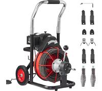 Machine de nettoyage de tuyaux VEVOR 100 pieds x 3/8 pouces, spirale de nettoyage de tuyaux automatique sur roues, machine de nettoyage de tuyaux portable 370 W avec 8 coupeurs et pédale de commande a