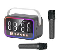 Machine Karaoke Colexy avec 2 microphones karaoké, haut-parleur Bluetooth avec lumière RVB et double alarmes, boîte de musique multifonction portable, haut-parleur Bluetooth avec son stéréo 360°