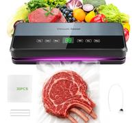 Machine Sous Vide Alimentaire 6 en 1, Sous Videuse Alimentaire pour le Mode Sec/Moist Avec Tuyau D'aspiration D'air, Coupeur Intégré et Rangement du Sac, 1 Rouleau de Sacs, 30 Sacs