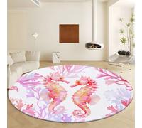 Machine Washable Round Rugs Diameter 160 cm, Non Slip Pink Floor Carpet - Low Pile Soft Watercolour Style Coral Seahorse Area Rugs for Living Room Bedroom Playroom Entryway Home Decor