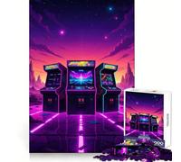 Machines d'arcade rétro dans Un Paysage néon Puzzle de 1000 pièces pour Adolescents Jeu de réflexion et de création Collective Découpe Nette et Amusante Objet de Collection (38x26cm)