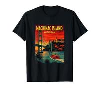 Mackinac Island Bridge City Skyline Michigan Retro Travel T-Shirt