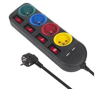 Maclean MCE229 B Bloc multiprises rallonge 4 Prises + 2xUSB avec interrupteurs 250VAC/10A, 2,1A 5V 1,5m Noir