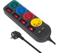 Maclean MCE229 Rallonge de prise, 4 prises + 2xUSB, avec interrupteur, 250VAC/10A, 2,1A 5V, 1,5m, noir