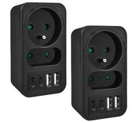 Maclean MCE249 - Répartiteur secteur mural x2, double prise C/E + 4 ports USB intégrés, charge rapide USB-C PD 20W, sécurité enfant, blanc ou noir (noir)