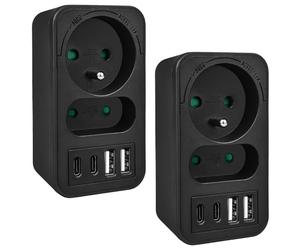 Maclean MCE249 - Répartiteur secteur mural x2, double prise C/E + 4 ports USB intégrés, charge rapide USB-C PD 20W, sécurité enfant, blanc ou noir (noir)