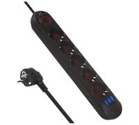 Maclean MCE394/MCE395 Multiprise | USB 2500W 1,5m | Compact avec Interrupteur, Ports USB éclairés à 45° | Montage Mural (Noir, 5 connecteurs)
