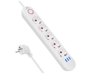 Maclean MCE394/MCE395 Multiprise | USB 2500W 1,5m | Compact avec Interrupteur, Ports USB éclairés à 45° | Montage Mural (Blanc, 5 connecteurs)