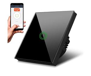 Maclean MCE715B Interrupteur à contact simple, SMART, Tuya APP, verre, noir avec illumination du bouton rond, 86x86mm