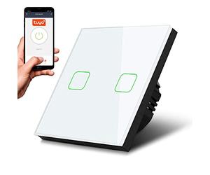 Maclean MCE717W Interrupteur à contact double, SMART, Tuya APP, verre, blanc avec illumination par bouton carré, 86x86mm