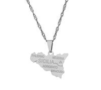 Macracrua Collier avec pendentif carte de la Sicile italienne avec nom de la ville - Bijoux en acier inoxydable pour femme, 60cm or 23.6 Inches, Plaqué or