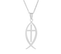 Macracrua Collier léger avec pendentif en forme de croix Ichthys en acier inoxydable, bijou religieux chrétien, unisexe, cadeau minimaliste, 50cm Chain, Acier inoxydable, Pas de pierre précieuse