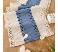 Macramé Chemin de Table en Lin de Coton Blanc Bleu 30 x 140 cm Moderne Lavable Tissé à la Main Centre de Table Nappe Decoration Mariage Champetre pour Anniversaire Bapteme Tissu Deco