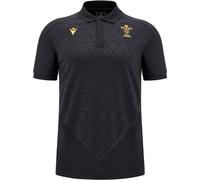 Macron Wales Rugby Travel Polo Shirt 2024 Adults Noir/Or Petit Male