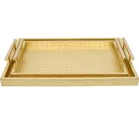 MACVAD Lot de 2 Grands Plateaux de Service Modernes et élégants en Bois, Cuir Crocodile doré avec poignées en métal Poli doré, Plateau décoratif rectangulaire pour Ottoman, Table Basse de Salon