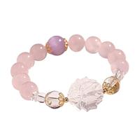 Madagascar Bracelet Feng Shui en quartz rose avec quartz transparent et breloque dieu renard à neuf queues - Bracelet élastique multi-pierres pour l'amour, la romance et la prospérité