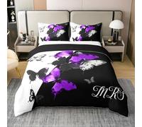 Madame Monsieur Coton Housse de Couette 200x200,Papillon Violet Romantique Parure de Lit pour Hommes Femmes Adulte,Saint Valentin Doux Literie Set pour Le Lit,Couple Noir Blanc Amour Couvre Lit