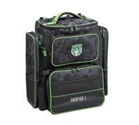 Madcat Sac à dos de pêche L avec 2 boîtes, compartiment principal de 45 l, motif camouflage, fond imperméable, noir et vert, avec 2 boîtes, sac de pêche, pêche au poisson-chat