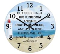 Madcolitote But Seek First His Kingdom Horloge murale en bois avec verset de la Bible de Jésus 30,5 cm Grande horloge murale à piles silencieuse sans tic-tac Citation de Jésus Décoration pour salon