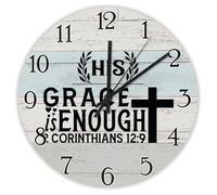 Madcolitote Horloge murale de 25,4 cm avec verset de la Bible, horloges murales en bois avec inscription « His Grace Is Enough » 2 Corinthiens 10 9 Jésus Citation religieuse chrétienne Cadeau de