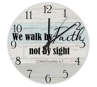 Madcolitote Horloge murale de 30,5 cm avec verset de la Bible - Grande horloge murale en bois « We Walk by Faith Not by Sight » - Citation de Jésus - Citation religieuse chrétienne - Cadeau de
